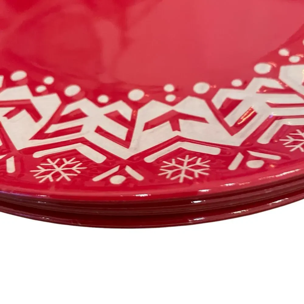 Holiday Red & White Melamine 11in Dinner Plates Set of 4 Christmas Snow New